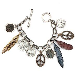 Lucky Brand peace sign and feathers trinkets toggle closure bracelet